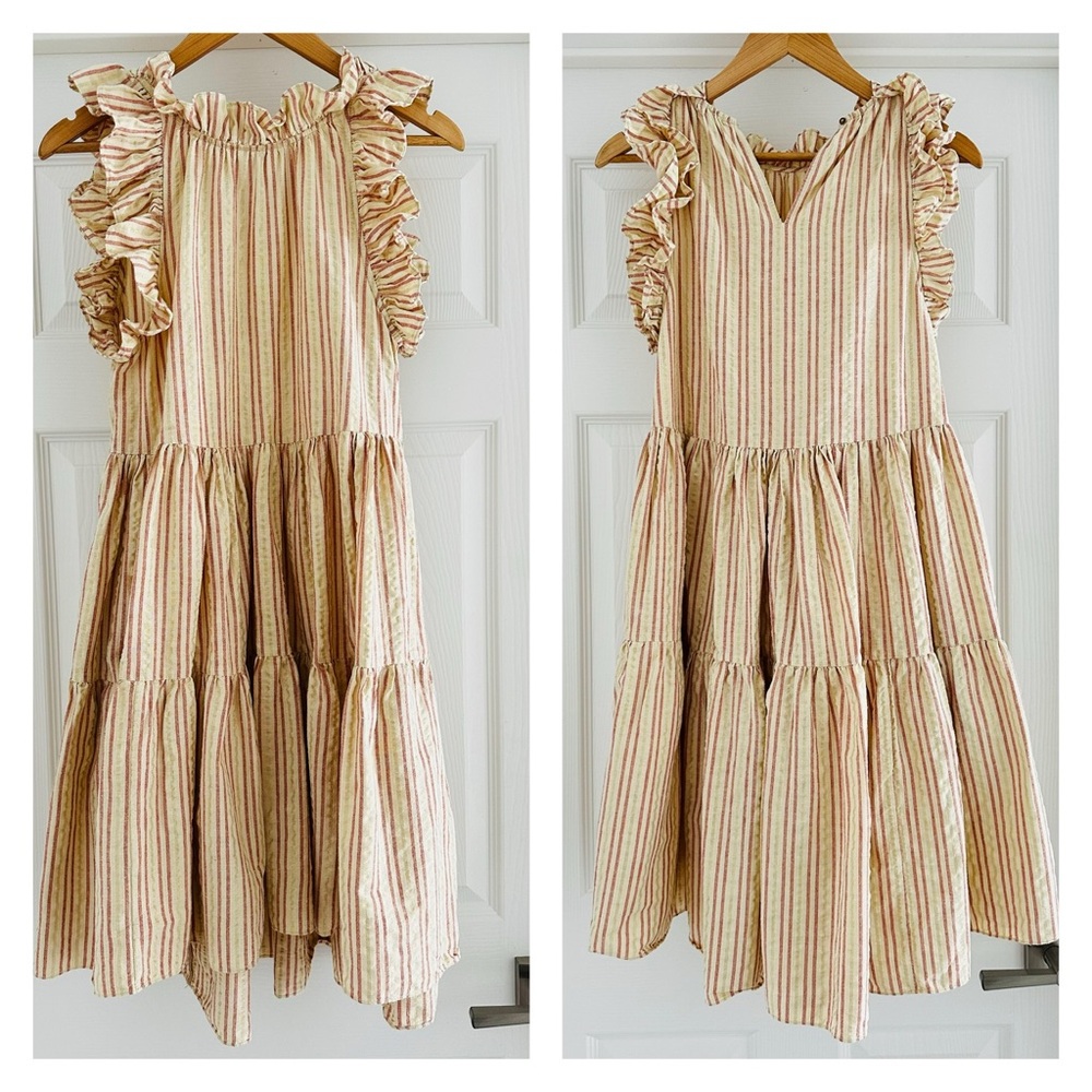 Ulla Johnson Tasmin Midi Dress in Natural Stripes Metallic Accent Ruffles